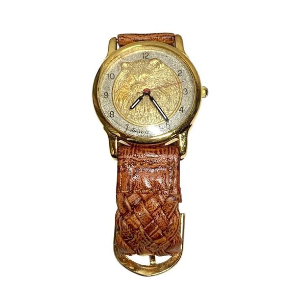 Limited Edition 1993 Save Animals Gold-Plated Cat Watch Brown Leather Strap - Picture 5 of 9